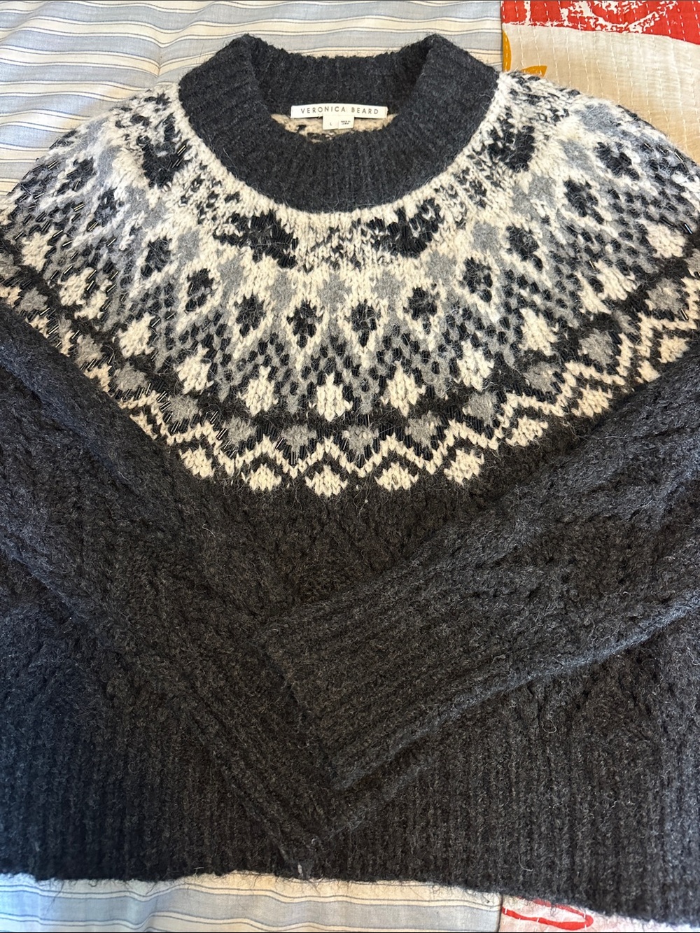 Veronica Beard Charcoal & White Fair Isle Crew Sweater Size Large